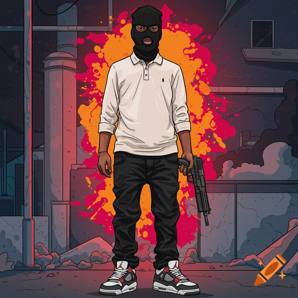 Cartoon illustration of a person in a ski mask, white polo, black jeans, and sneakers, holding a gun, in an urban setting.