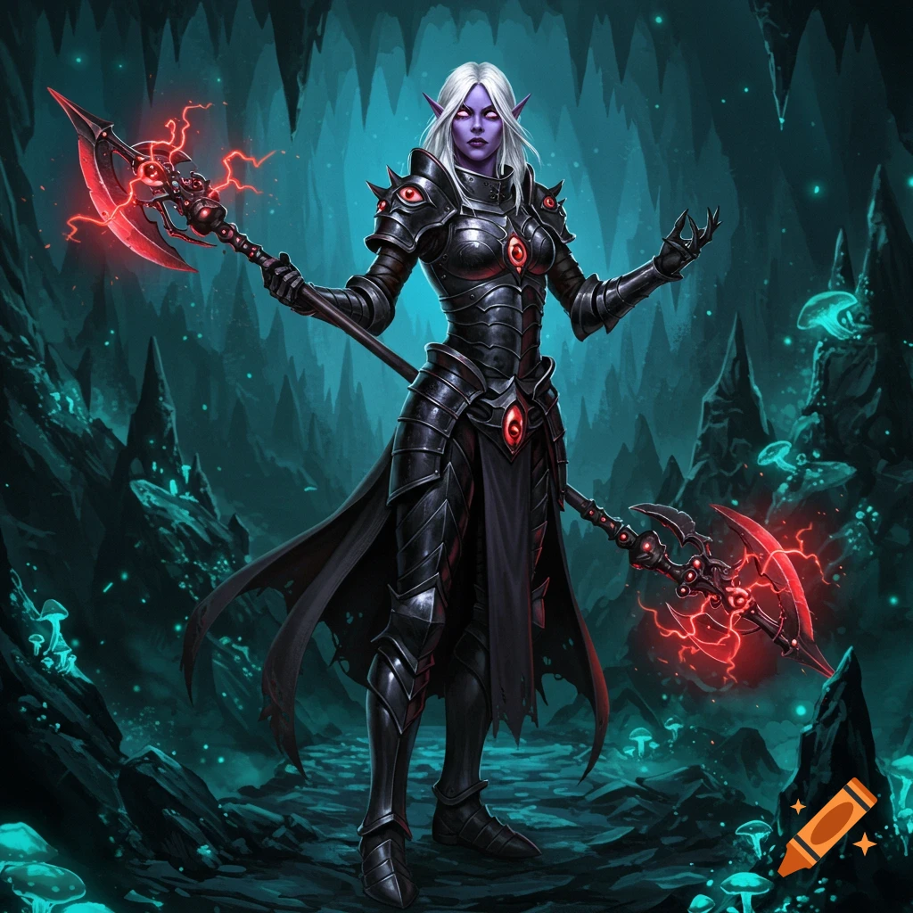 A female dark elf in gleaming black armor holding a red glowing glaive in a dark fantasy cave.