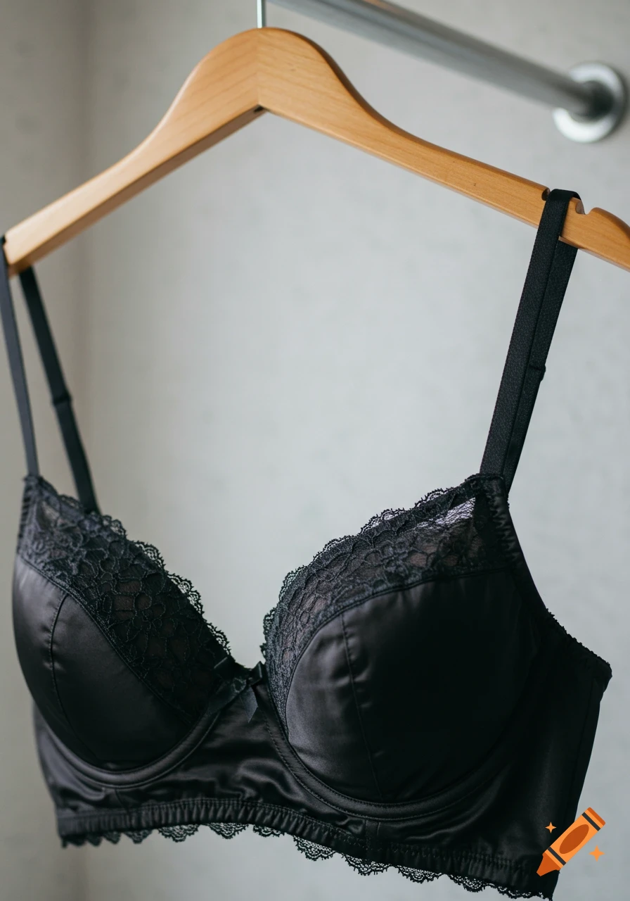 Close-up of a black silky bra with lace trim hanging on a wooden hanger on a metal rod.