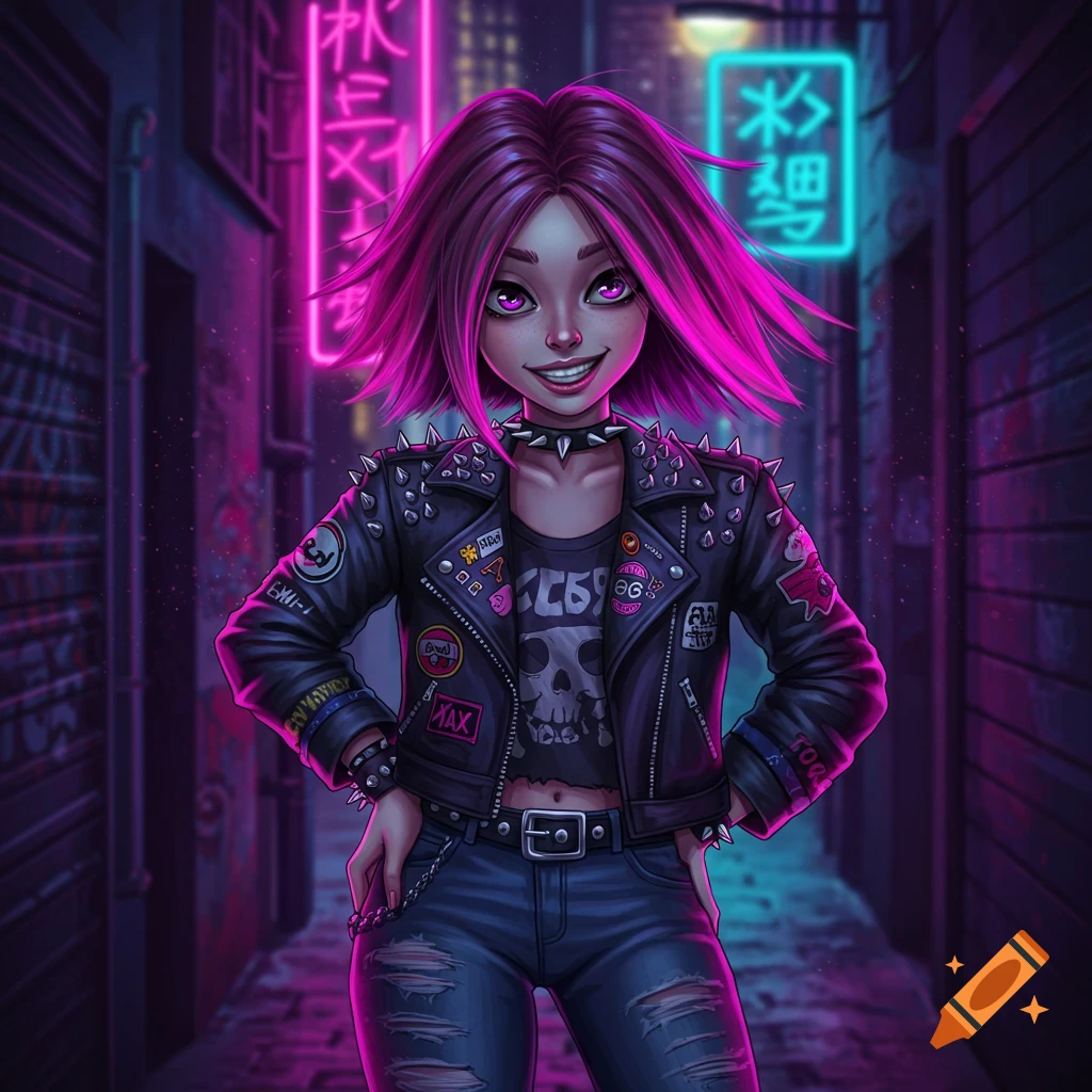 Cartoon of a punk girl with purple hair and a spiked leather jacket, standing in a dark neon-lit alley.