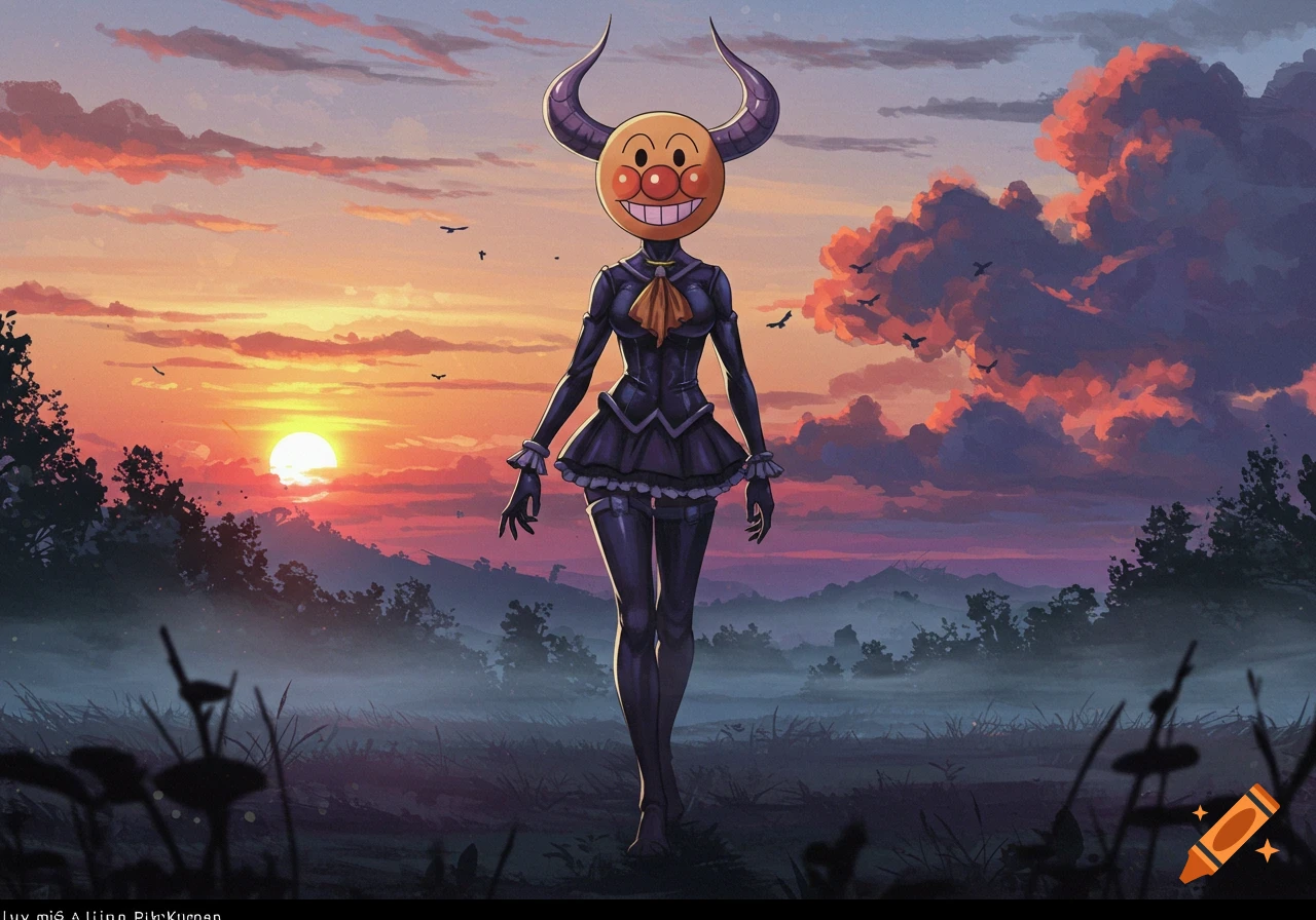 An anime character with an orange, smiling mask-like head with red cheeks and purple horns, wearing a dark suit and skirt, stands in a misty field at sunset.