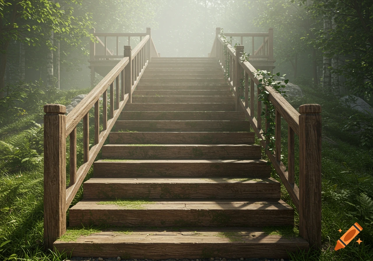 A long wooden staircase ascends into a misty, sunlit forest, with lush green foliage on either side.