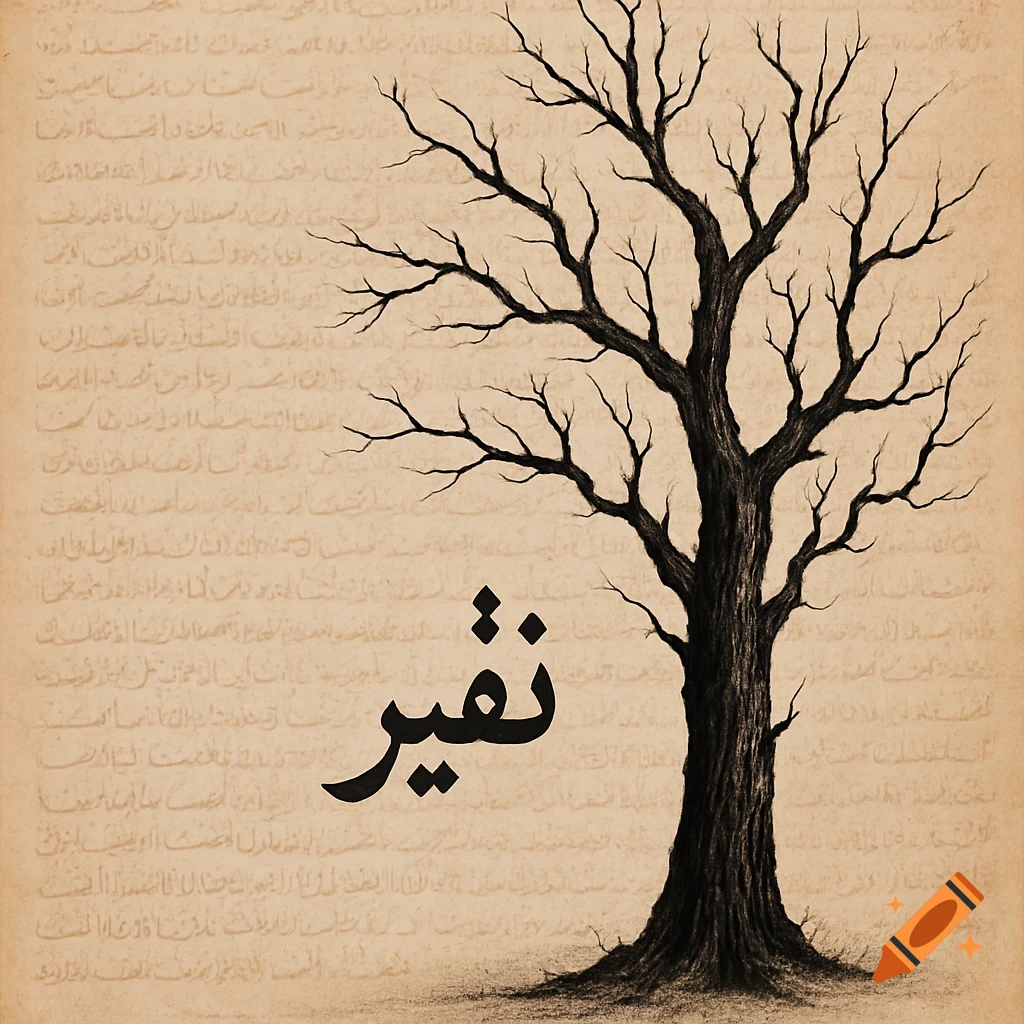 A black silhouette of a bare tree on aged, light brown paper with faint Arabic script in the background and a bold Arabic word "Nafir" in the foreground.
