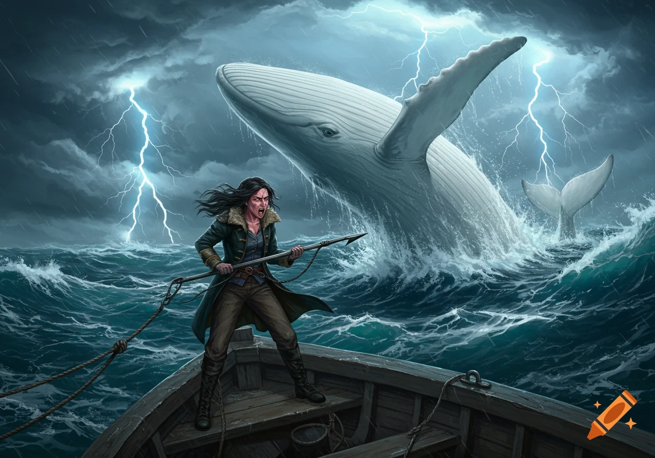 A dramatic illustration of a female captain on a boat, attempting to harpoon a massive white whale amidst a stormy ocean with lightning.