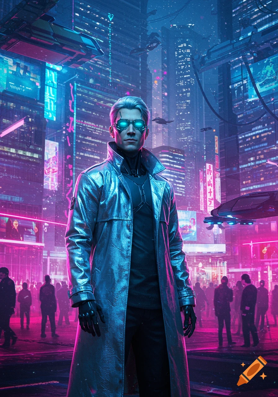 A man in a metallic silver coat and glowing blue glasses stands in a futuristic cyberpunk city street, illuminated by vibrant neon lights.