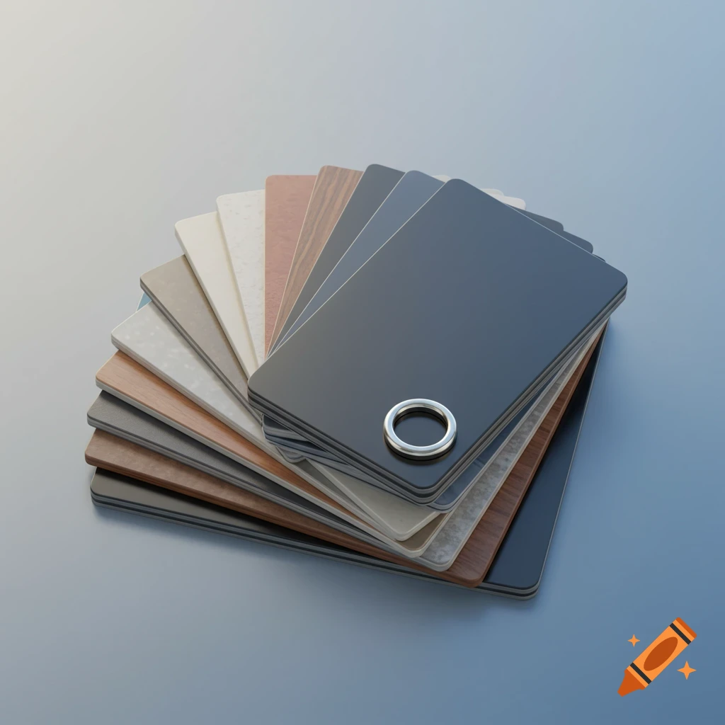 A fanned-out sample display of various material swatches including wood, stone, and solid colors, held by a metal ring on a grey surface.