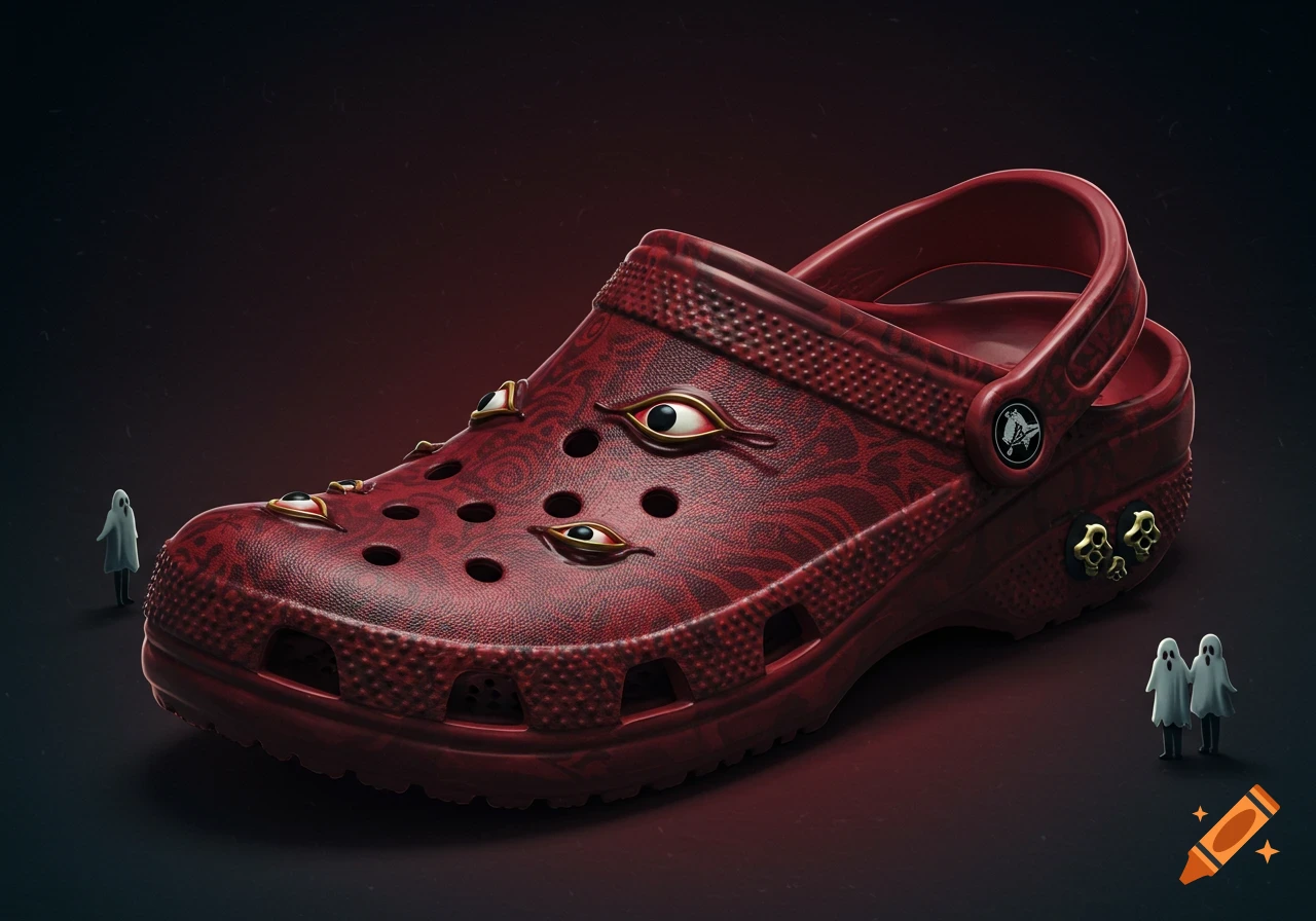 A dark red Croc shoe with a patterned surface, multiple realistic eyeballs, golden skull charms, and small ghost figures.