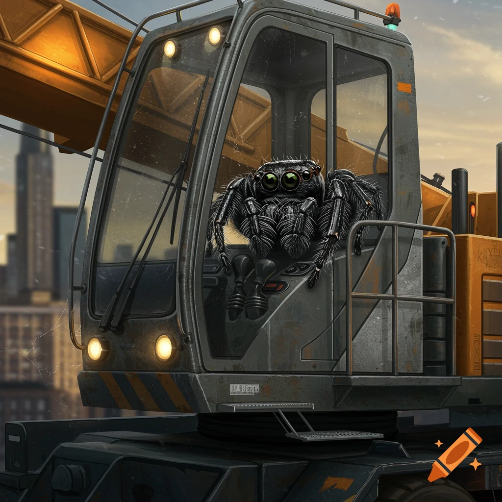 A detailed illustration of a black jumping spider sitting inside the operator's cab of a large yellow construction crane with a city background.
