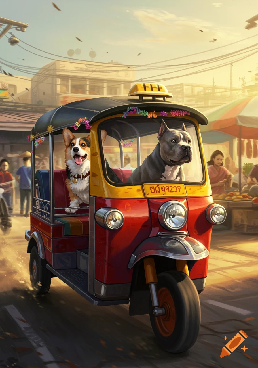 A happy corgi and a pitbull ride in a red and yellow tuk-tuk on a sunny city street, illustrated.