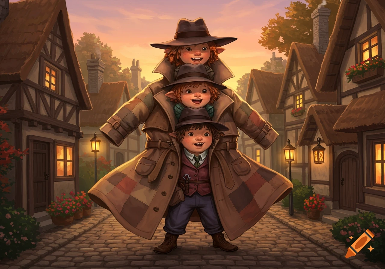 Three smiling halflings stacked in a trench coat on a cobblestone street in a quaint fantasy village at sunset, illustrated.