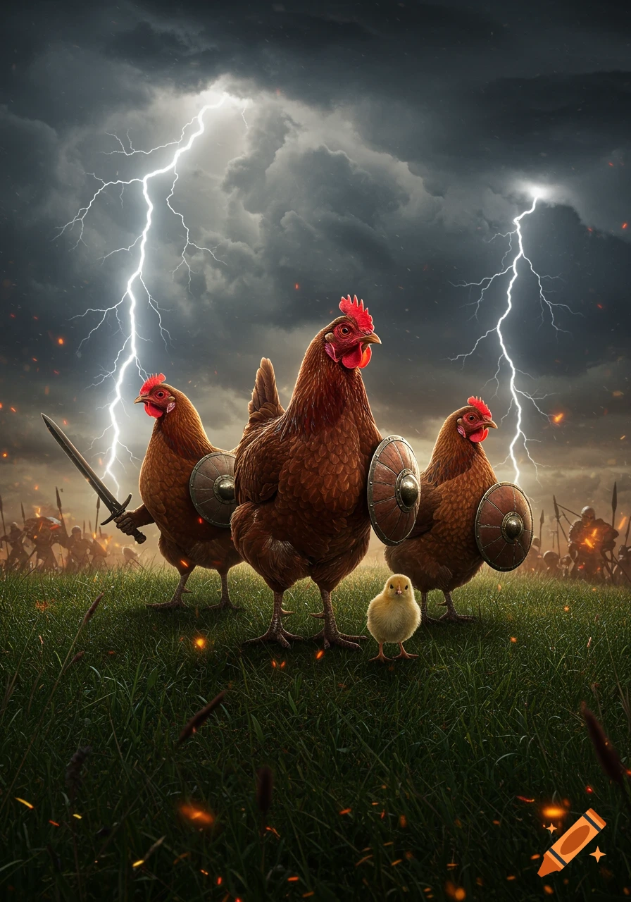 Three armored chickens and a chick stand on a grassy field with a stormy, lightning-filled sky and a blurry battle in the background.