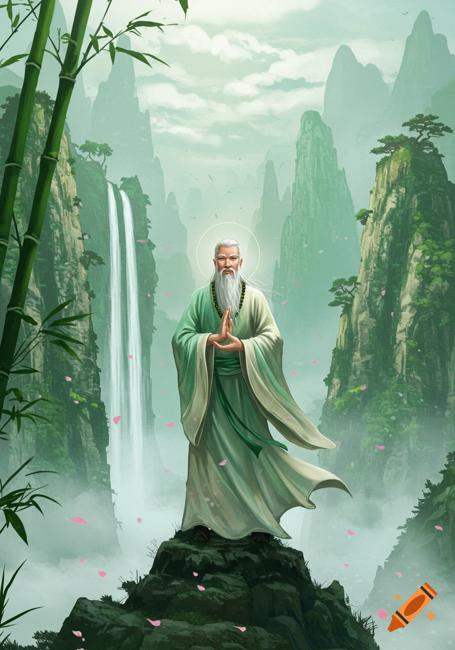 An old Daoist master with a white beard stands on a rock in a mystical mountain landscape with a waterfall, bamboo, and pink petals.