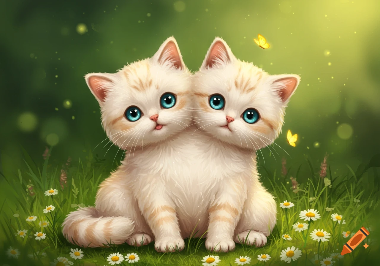 Two cute conjoined kittens with blue eyes sit in a field of green grass and daisies with yellow butterflies, illustration.