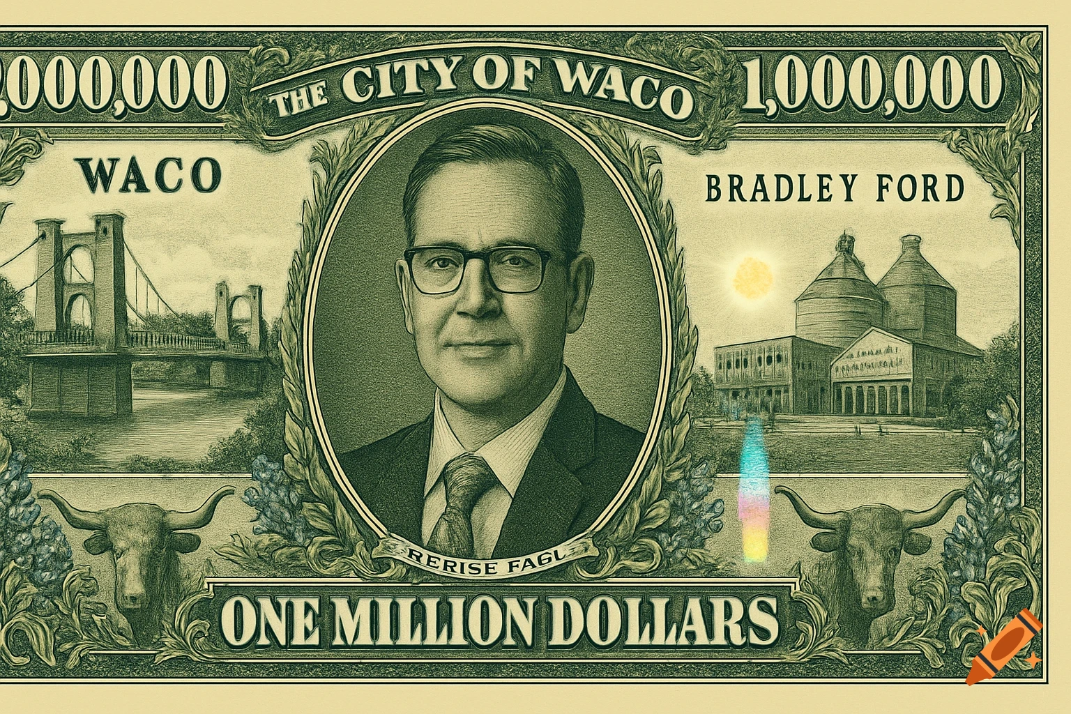 A green one million dollar bill featuring a portrait of a man with glasses, a bridge, and buildings, resembling engraved currency.