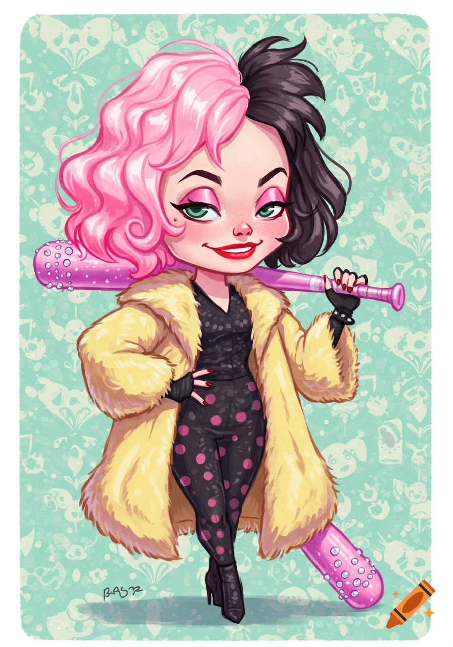 A cute, stylized illustration of Cruella de Vil with split pink and black hair, wearing a yellow fur coat and polka-dotted jumpsuit, holding a pink spiked baseball bat.