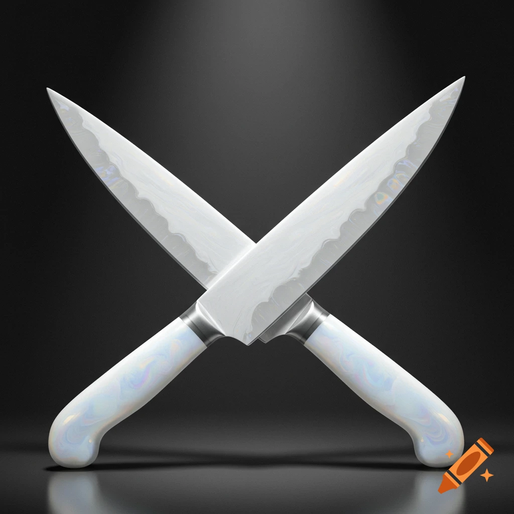 Two white pearlescent knives crossed on a dark background with reflections.