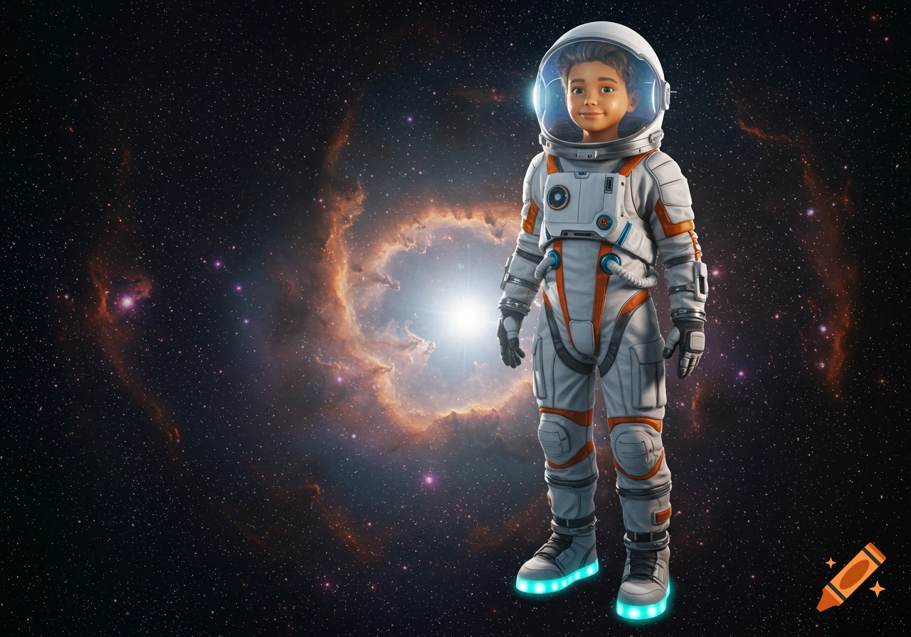 A young boy in a white and orange astronaut suit with glowing blue shoes stands in front of a vast space nebula.