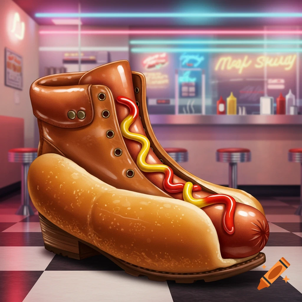 A brown leather boot shaped like a hot dog in a bun with ketchup and mustard, set in a retro diner.