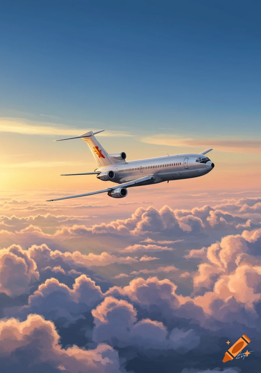 A silver Boeing 727 airplane flies high above a sea of fluffy, sunlit clouds, with a clear blue sky above.