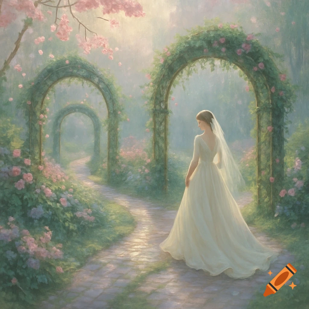 A woman in a white wedding dress stands on a stone path in a misty, dreamy garden with floral arches.