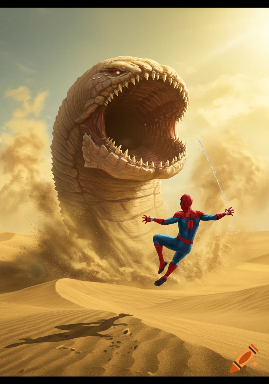 Spider-Man jumps away from a giant, toothy desert worm emerging from the sand dunes.