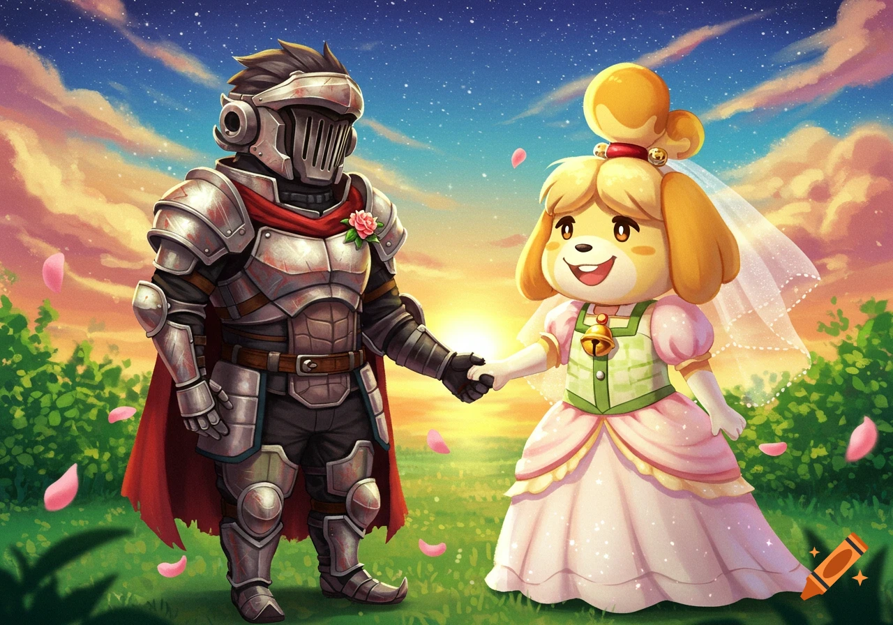 A knight and Isabelle from Animal Crossing in a wedding dress hold hands in a field with falling petals at sunset, in an illustrative style.