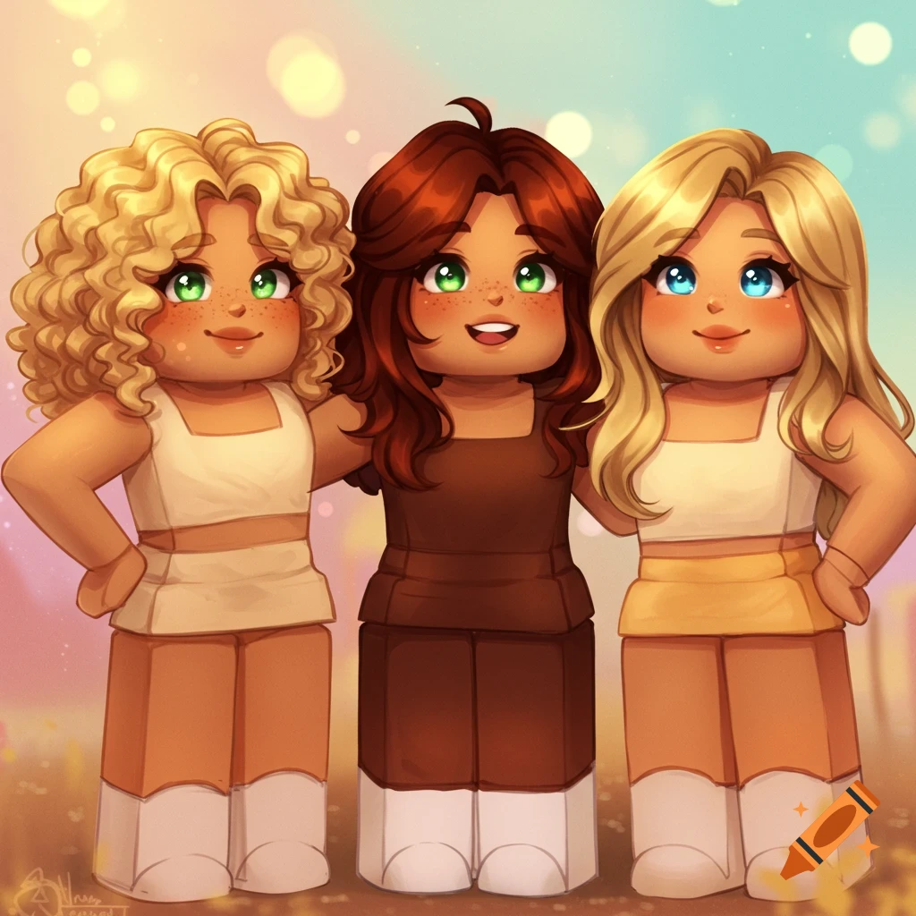 Three cute Roblox-style girl characters with different hair colors and eye colors stand close together, smiling in a soft, dreamy setting.