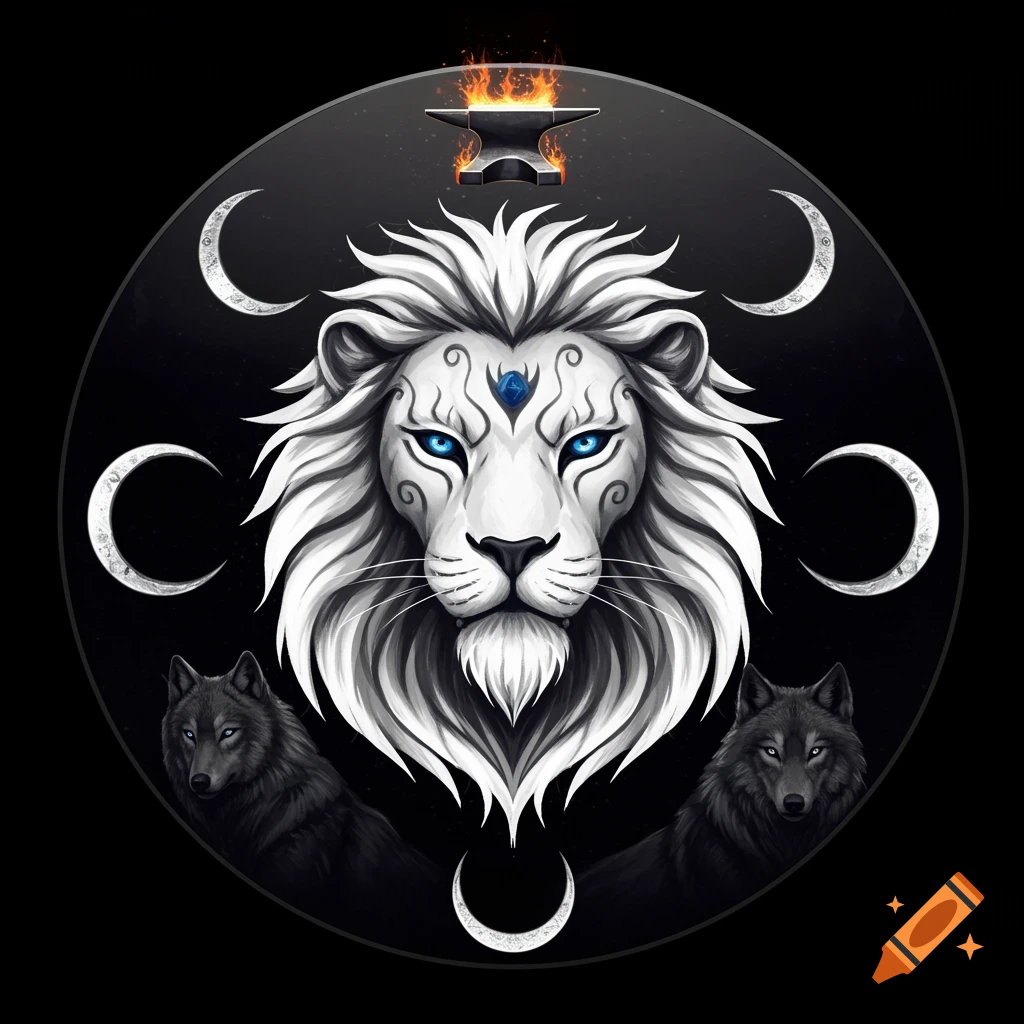 A black circular crest featuring a white lion with blue eyes, tribal markings, flanked by two black wolves, crescent moons, and a fiery anvil.