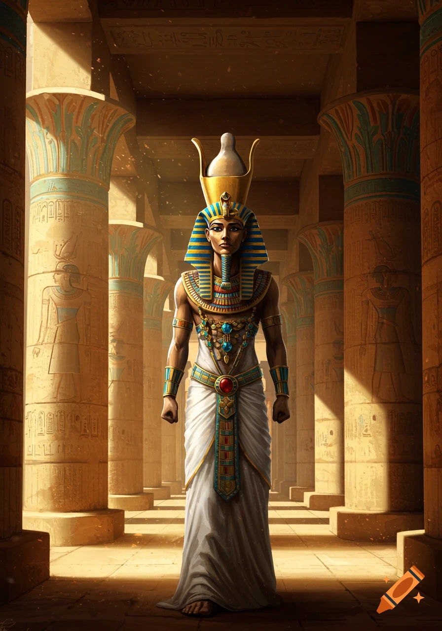 A regal pharaoh stands in an ancient Egyptian temple with towering, hieroglyph-covered columns, lit by golden sunlight.