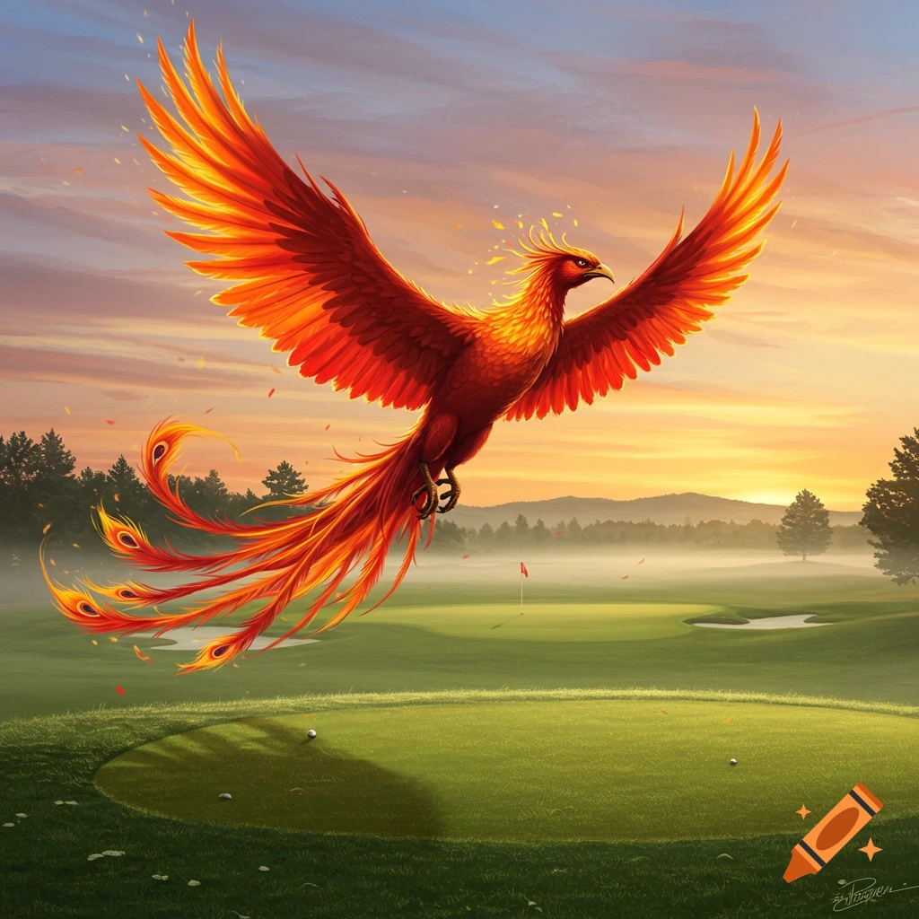 A vibrant red and orange phoenix with spread wings flies over a green golf course with a red flag at sunset, with mountains in the misty background.