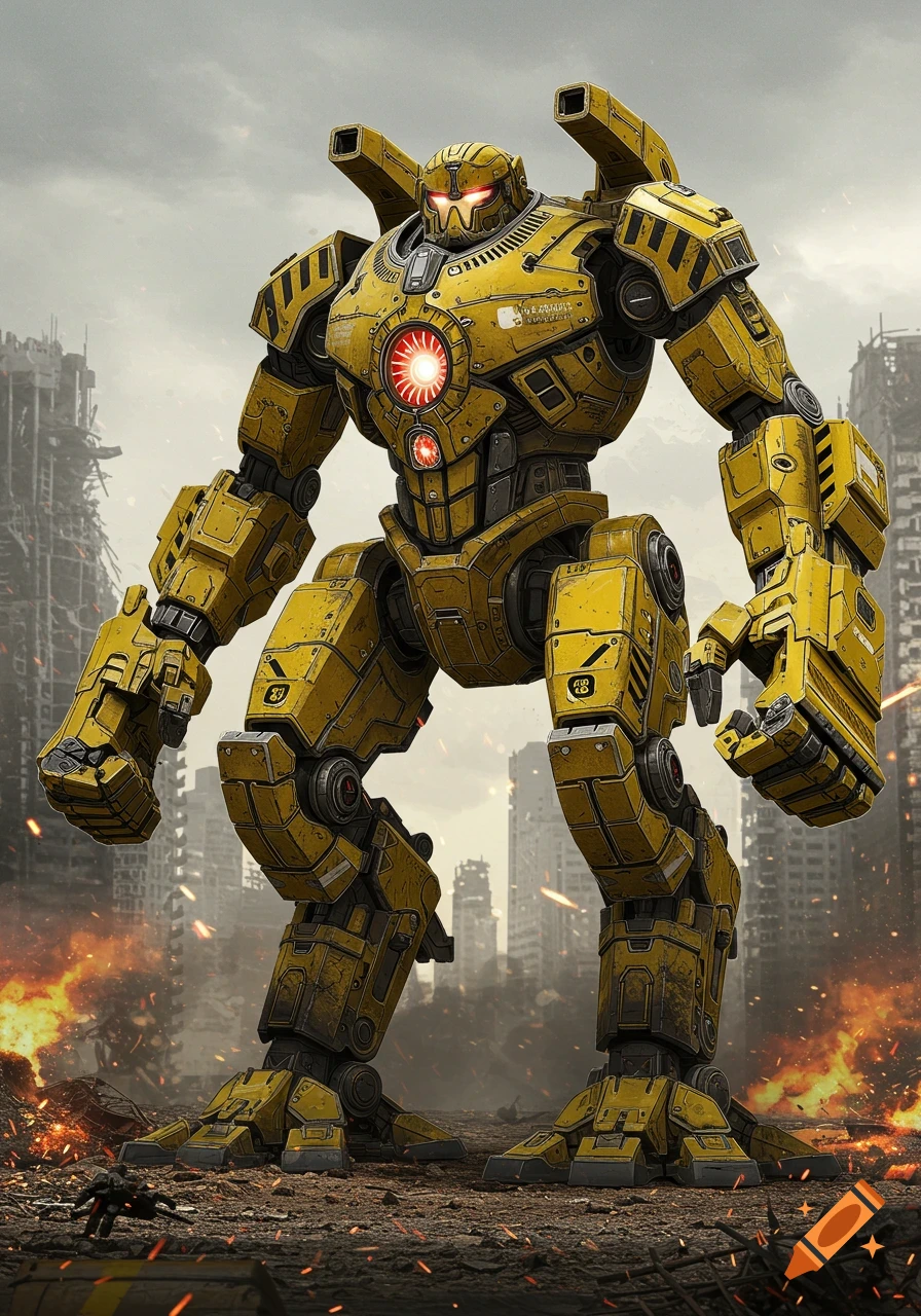 Massive yellow bulldozer-inspired mech, Dozer Rex Prime, stands in a fiery, destroyed city with rubble under a cloudy sky.