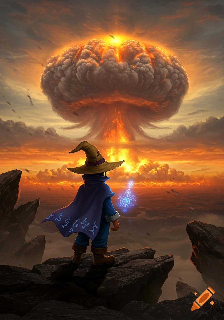 A Final Fantasy Black Mage stands on a cliff, gazing at a massive, fiery mushroom cloud during an orange sunset, holding a glowing blue orb.