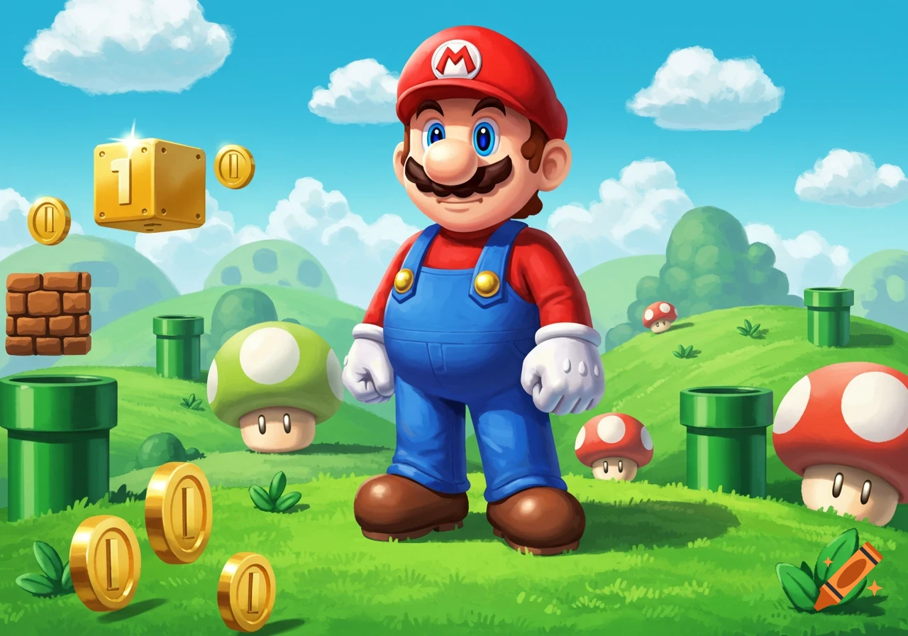 Mario stands in a vibrant green landscape with clouds, pipes, mushrooms, gold coins, and a '1' block from the video game.