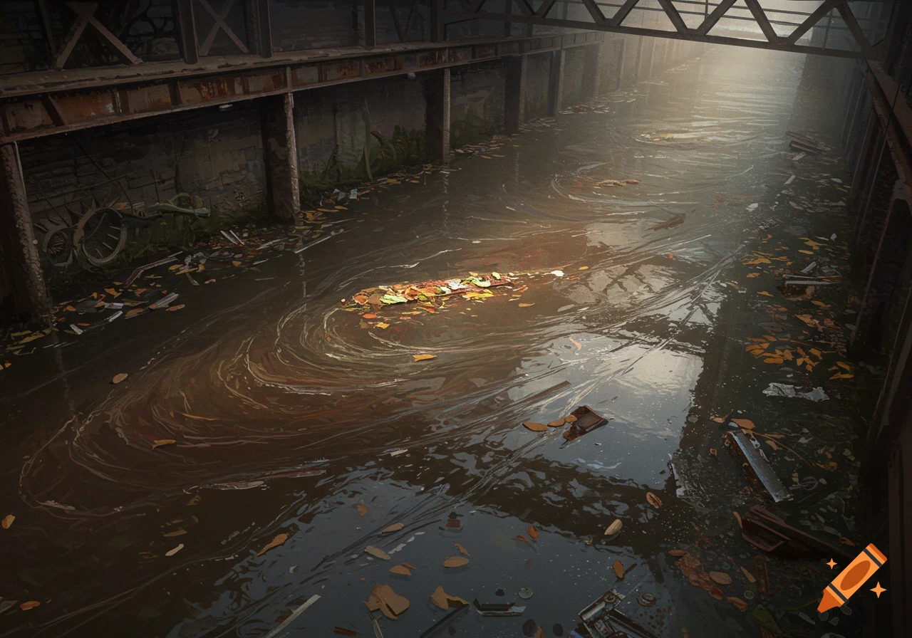 Murky, debris-filled water flows under an industrial bridge in a photorealistic style.