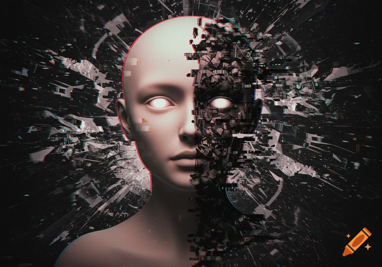 A fractured head with one side smooth and light, and the other dark, splintering into geometric shards, against a glitchy, abstract background.