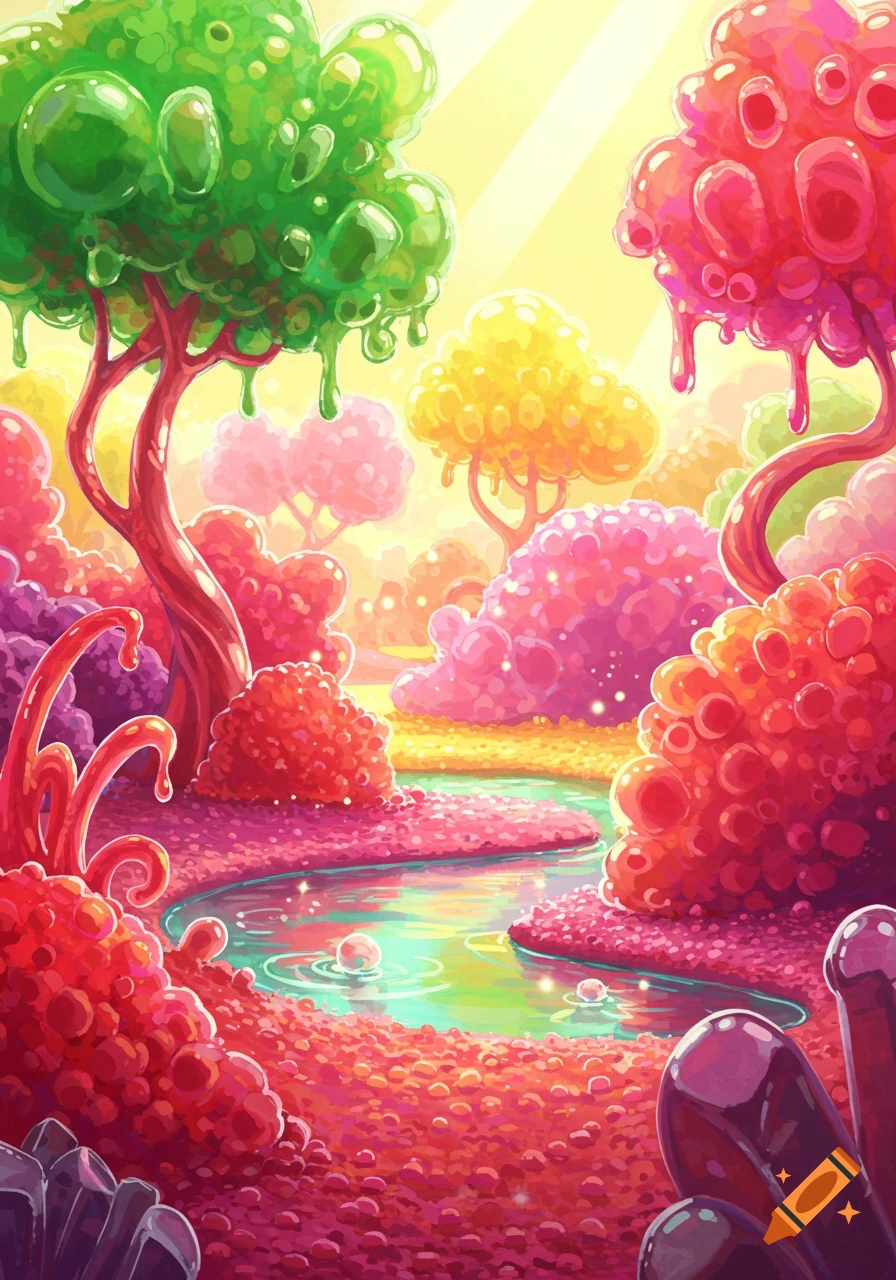 A vibrant, whimsical landscape with jelly-like trees and bushes in bright green, pink, and red, surrounding a shimmering blue-green river under a yellow sky.