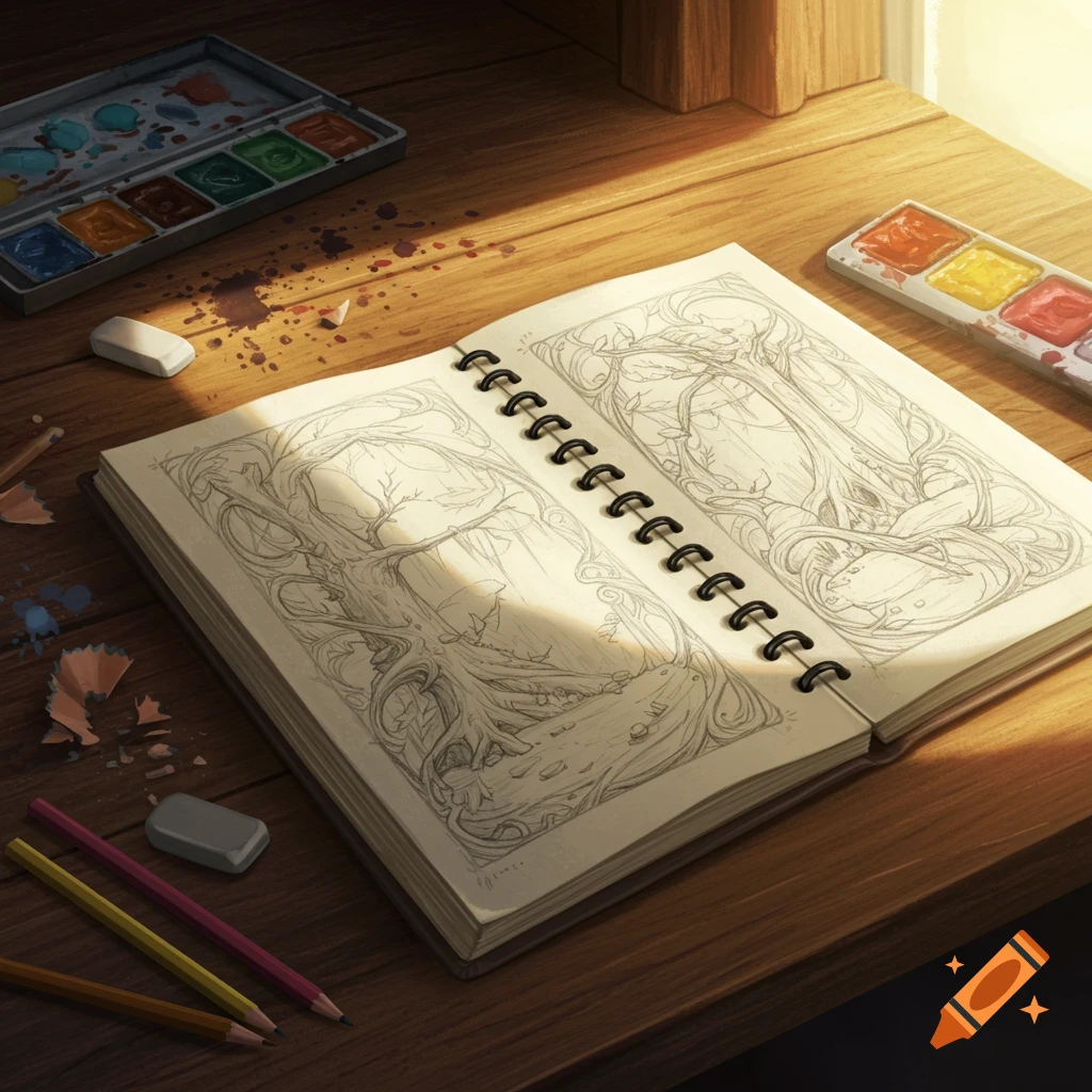 An open sketchbook with intricate pencil drawings of trees and roots on a wooden desk with art supplies, illuminated by sunlight.