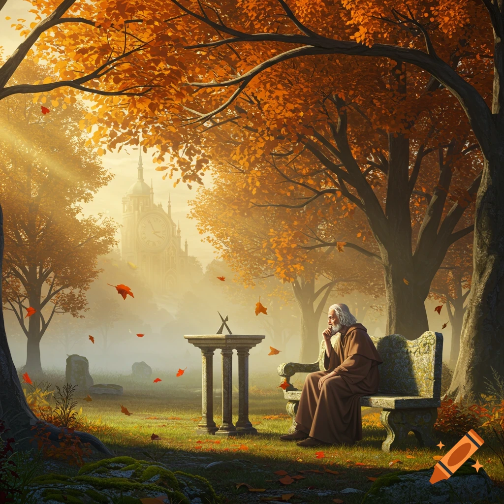 An old man in a brown robe sits on a stone bench in an autumn park, pondering. Golden light filters through orange-leafed trees, with a clock tower visible in the misty background.