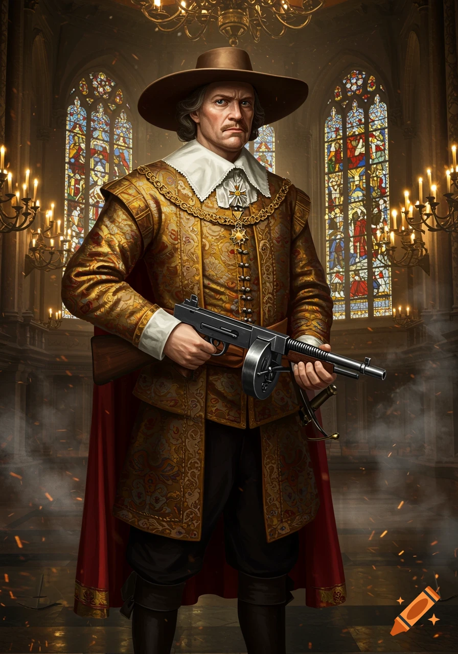 A man in 17th-century attire and a wide-brimmed hat, holding a Tommy gun, stands in a richly decorated church with stained glass windows.