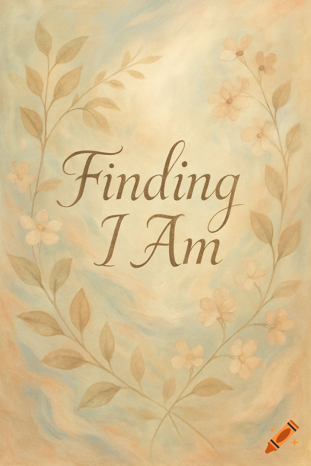 A watercolor illustration of a floral wreath in warm tones and muted blue, with the phrase "Finding I Am" in the center.