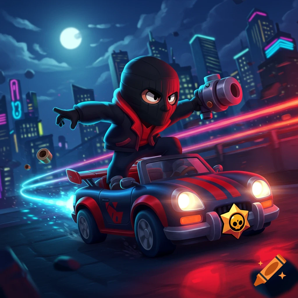 Cartoon character in a ski mask drives a stylized car through a neon city at night, holding a gun.