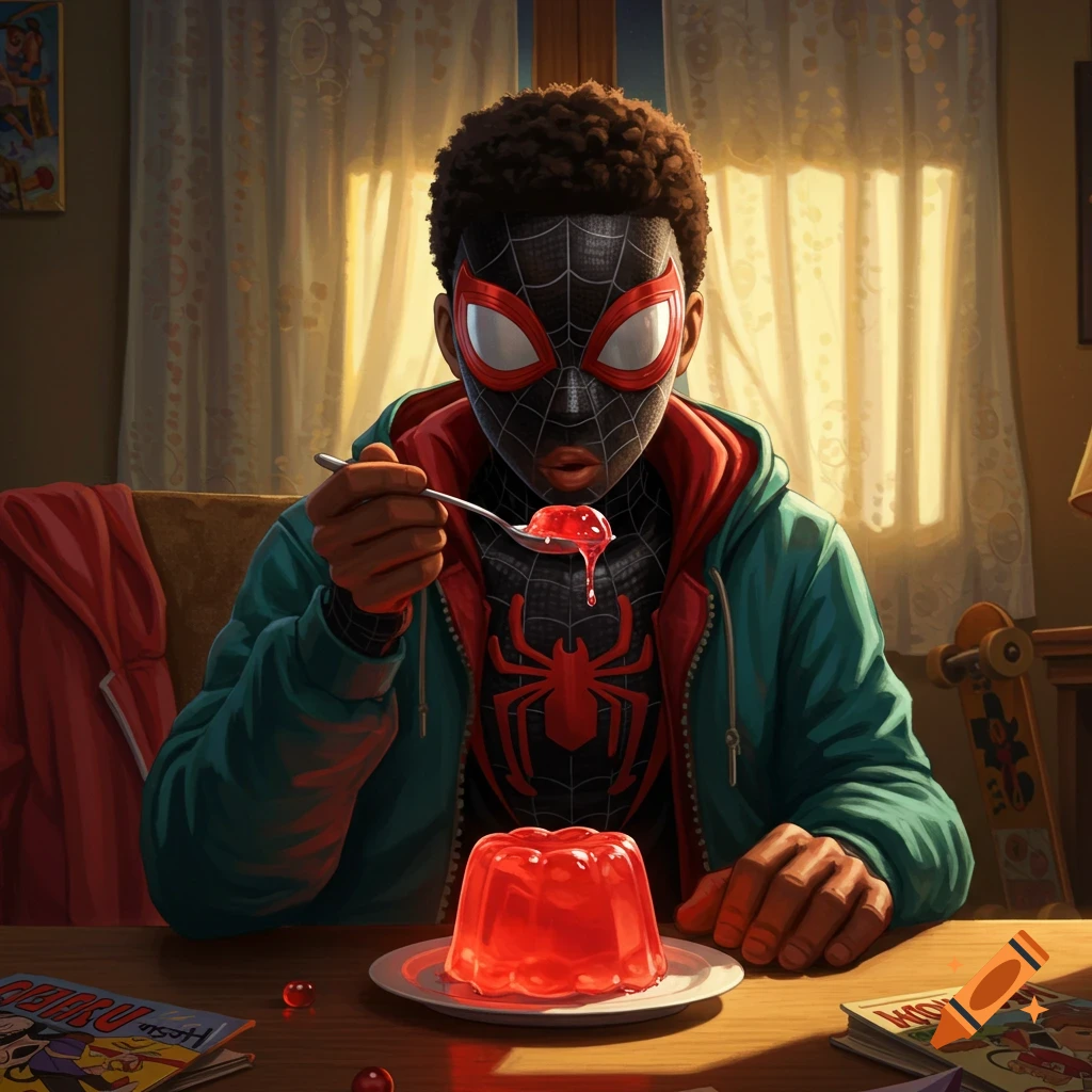Miles Morales, in his Spider-Man suit with his mask up, eats red jello with a spoon at a table.