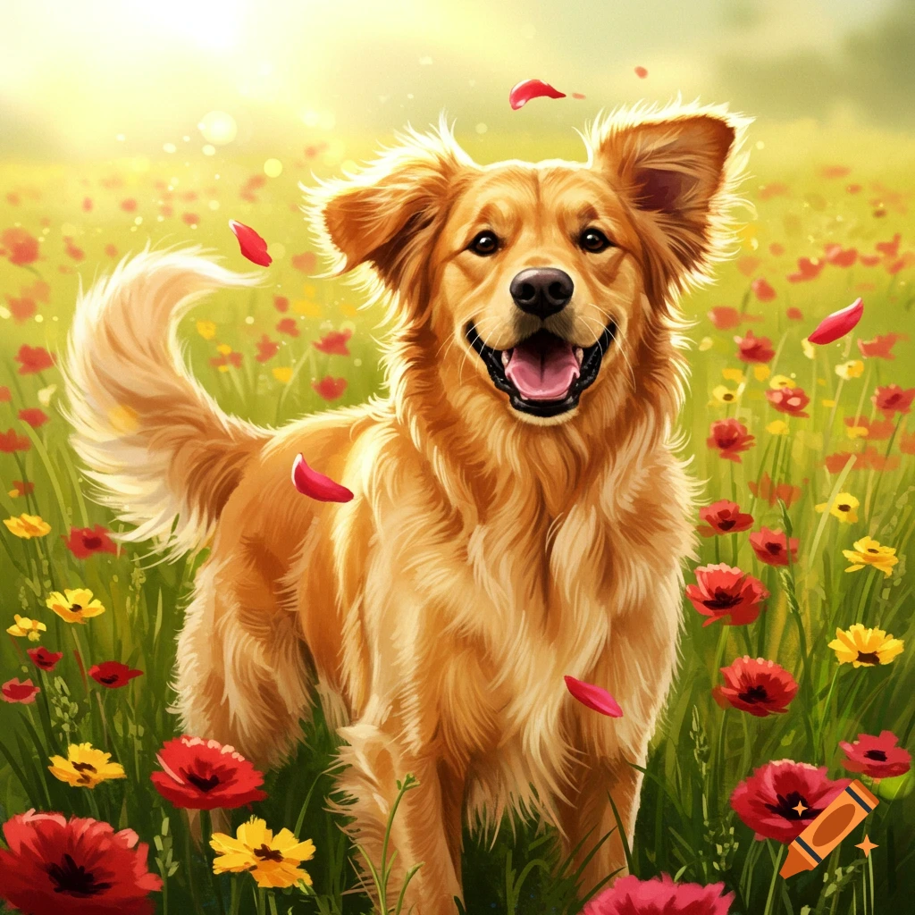A super happy golden retriever dog stands in a sunny field filled with red and yellow flowers, with red petals falling.