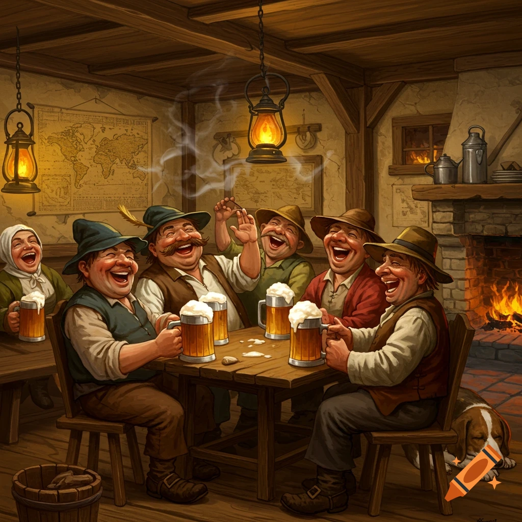 Jolly men and a woman with exaggerated smiles drink beer in a rustic tavern with a fireplace, a dog sleeps nearby.