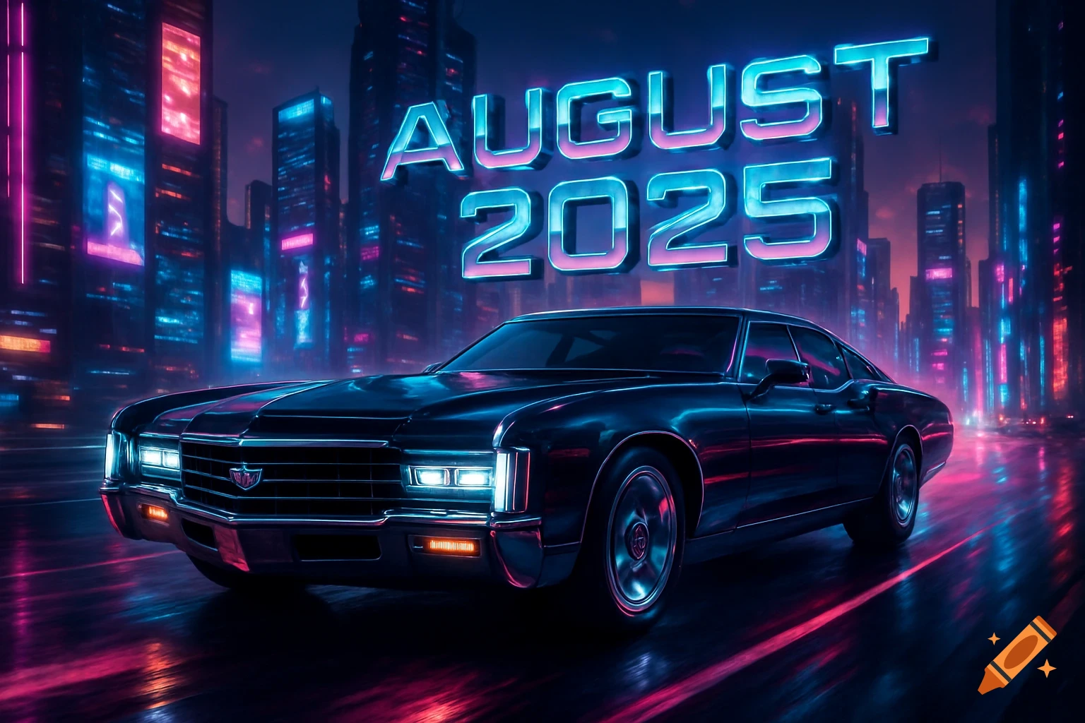 A sleek black vintage car drives through a neon-lit futuristic city at night, with "AUGUST 2025" glowing in the sky.