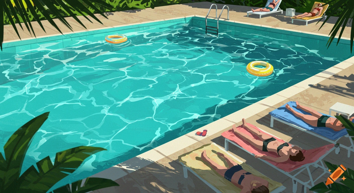 Stylized illustration of people sunbathing on lounge chairs around a bright blue swimming pool with floating rings and palm fronds.