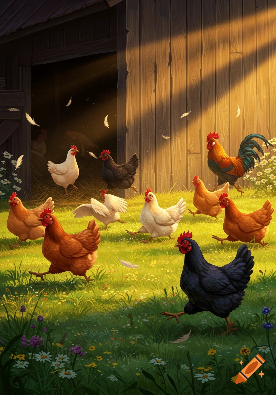 Chickens and a rooster on a grassy field outside a barn, illuminated by golden sunlight.