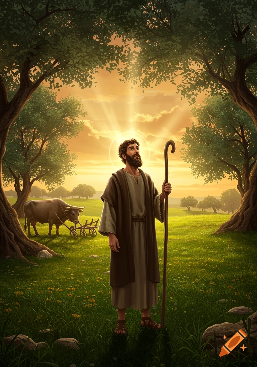 A bearded man in ancient robes stands in a green field at sunset, holding a staff and looking up at a bright halo of light.