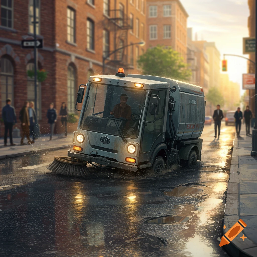 A photorealistic image of a street sweeper stuck in a large water-filled pothole on a city street at sunset.