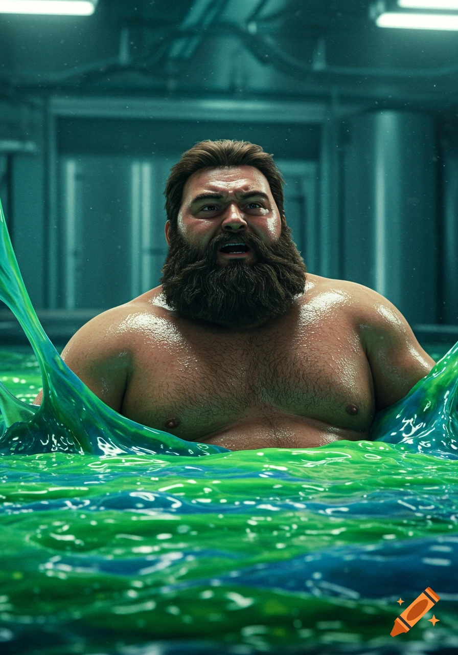 A bearded man's upper torso emerges from or sinks into vibrant green and blue liquid, with a concerned expression, in a laboratory setting.